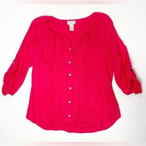 Soft Surroundings Linen Magenta Pink Button-Up Pleated Blouse Medium Petite